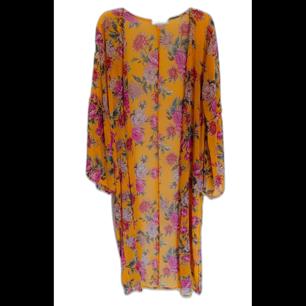 Band Of Gypsies Women's Mustard Yellow/Pink/Green Floral Duster, XS